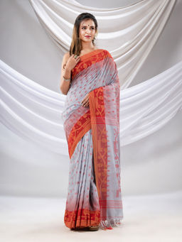 CHARUKRITI - Bluish Grey Cotton Handwoven Saree with Jamdani Design with Unstitched Blouse