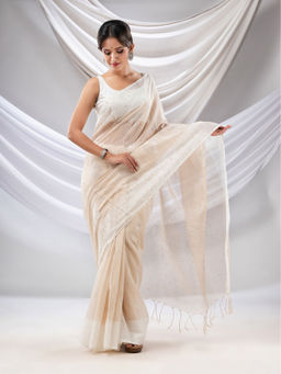 CHARUKRITI - Beige Muslin Tissue Handwoven Soft Saree with Texture Motifs with Unstitched Blouse
