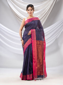 CHARUKRITI - Navy Blue Silk Matka Soft Saree with Checked Pattern with Unstitched Blouse