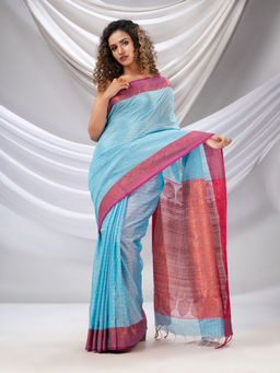 CHARUKRITI - Sky Blue Silk Matka Soft Saree with Checked Pattern with Unstitched Blouse