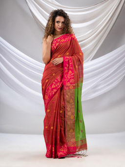 CHARUKRITI - Rust Tissue Handwoven Soft Saree with Floral Nakshi Borders with Unstitched Blouse