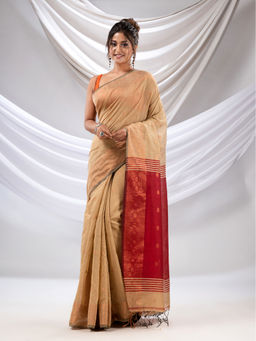 CHARUKRITI - Beige Cotton Blend Handwoven Saree with Zari Borders with Unstitched Blouse