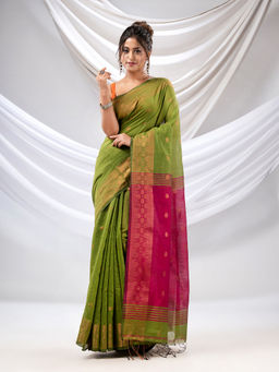 CHARUKRITI - Green Cotton Blend Handwoven Saree with Zari Borders with Unstitched Blouse