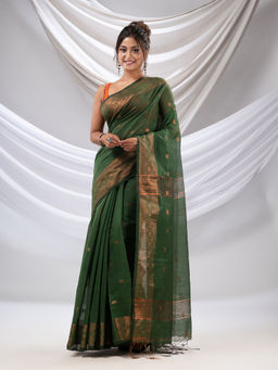 CHARUKRITI - Green Cotton Blend Handwoven Saree with Zari Borders with Unstitched Blouse