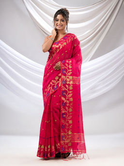 CHARUKRITI - Hot Pink Cotton Blend Handwoven Saree with Floral Nakshi Borders with Unstitched Blouse