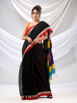 CHARUKRITI - Black Cotton Handwoven Soft Saree with Matka Pallu with Unstitched Blouse