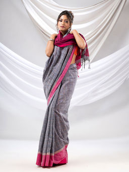 CHARUKRITI - Grey Cotton Handwoven Soft Saree with Sequin Work with Unstitched Blouse
