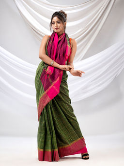 CHARUKRITI - Green Cotton Handwoven Soft Saree with Sequin Work with Unstitched Blouse