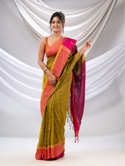 CHARUKRITI - Olive Cotton Handwoven Soft Saree with Sequin Work with Unstitched Blouse