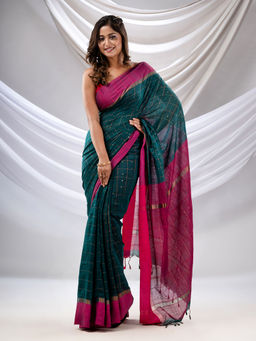 CHARUKRITI - Teal Cotton Handwoven Soft Saree with Sequin Work with Unstitched Blouse