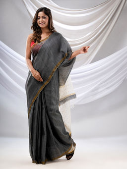 CHARUKRITI - Grey Silk Linen Handwoven Soft Saree with Resham Pallu with Unstitched Blouse