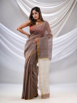 CHARUKRITI - Brown Silk Linen Handwoven Soft Saree with Resham Pallu with Unstitched Blouse