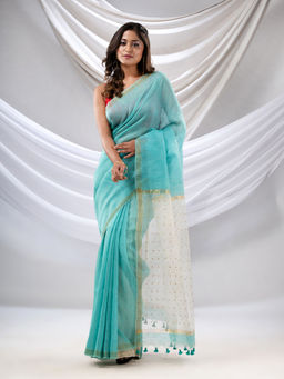 CHARUKRITI - Ocean Blue Silk Linen Handwoven Soft Saree with Resham Pallu with Unstitched Blouse