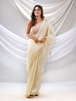 CHARUKRITI - White Silk Linen Handwoven Soft Saree with Resham Pallu with Unstitched Blouse