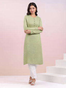 Janasya - Women Sage Green Woolen Textured Straight Winter Kurta