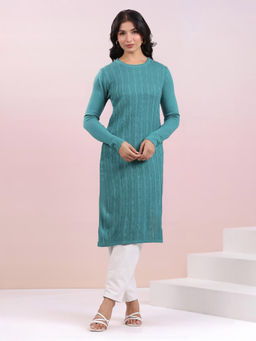 Janasya - Women Sea Green Woolen Textured Straight Winter Kurta