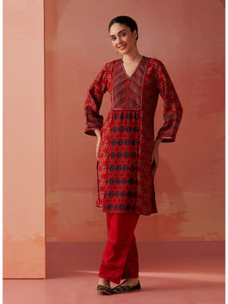 Lakshita - Women Red Printed Chanderi Kurta