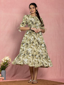 Kasya - Beige Cotton Flared Floral Printed Dress