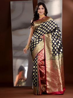 CHARUKRITI - Navy Blue Katan Silk Zari Handwoven Saree with Unstitched Blouse