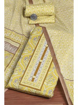 Biba - Yellow Cotton Hand Block Print Unstitched Dress Material