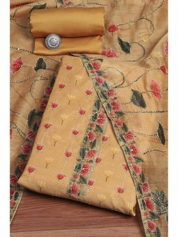 Biba - Mustard Chanderi Katha Work Unstitched Dress Material