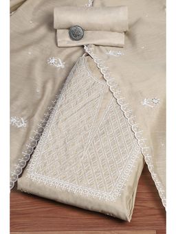Biba - Beige Chanderi Machine Embroidered Unstitched Dress Material