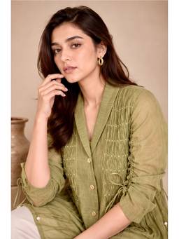 House Of Muher - Althea Mul-Chanderi Embroidered Shirt- Olive Green