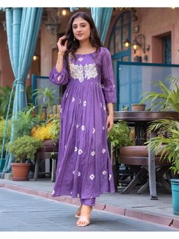 Gahan - Womens Viscose Rayon Anarkali Embroidered with Pant - Purple
