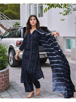 Gahan - Womens Viscose Rayon Printed Kurta with Pant & Dupatta - Navy Blue