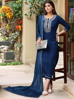 Gahan - Womens Viscose Rayon Embroidered Kurta with Pant & Dupatta - Blue