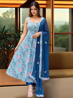 Gahan - Womens Viscose Rayon Anarkali Printed with Pant & Dupatta - Blue