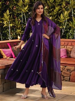 Gahan - Womens Viscose Rayon Anarkali Embroidered with Pant & Dupatta - Purple