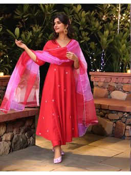Gahan - Womens Viscose Rayon Anarkali Embroidered with Pant & Dupatta - Red