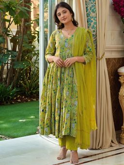 Gahan - Womens Viscose Rayon Anarkali Printed with Pant & Dupatta - Green