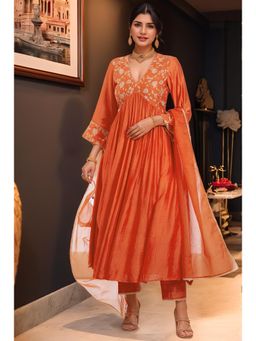 Gahan - Womens Viscose Rayon Anarkali Embroidered with Pant & Dupatta - Orange