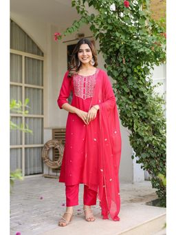 Gahan - Womens Viscose Rayon Embroidered Kurta with Pant & Dupatta - Pink