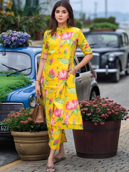 Gahan - Womens Viscose Rayon Straight Printed Kurta with Palazzo - Yellow