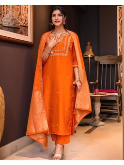 Gahan - Womens Viscose Rayon Embroidered Kurta with Pant & Dupatta - Orange