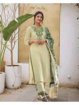 Gahan - Womens Viscose Rayon Embroidered Kurta with Pant & Dupatta - Cream