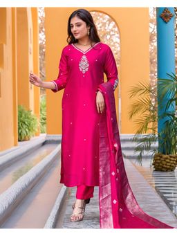 Gahan - Womens Viscose Rayon Embroidered Kurta with Pant & Dupatta - Pink