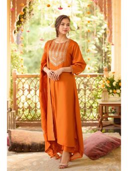 Gahan - Womens Viscose Rayon Embroidered Kurta with Pant & Dupatta - Orange