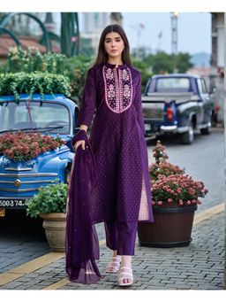 Gahan - Womens Viscose Rayon Embroidered Kurta with Pant & Dupatta - Purple