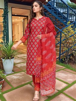 Gahan - Womens Viscose Rayon Printed Kurta with Pant & Dupatta - Maroon