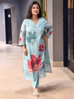 Gahan - Womens Viscose Rayon Straight Printed Kurta with Pant - Turquoise