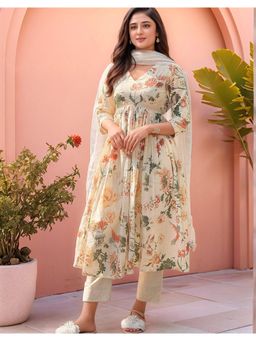 Gahan - Womens Viscose Rayon Anarkali Printed with Pant & Dupatta - Cream