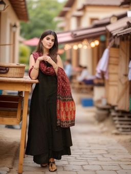 Gahan - Womens Viscose Rayon Anarkali Solid/Plain with Pant & Dupatta - Black