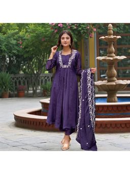 Gahan - Womens Viscose Rayon Anarkali Embroidered with Pant & Dupatta - Purple