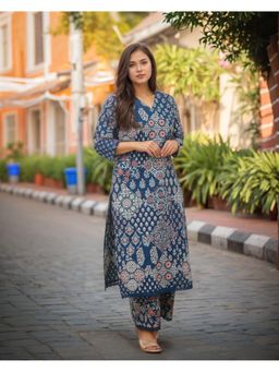 Gahan - Womens Viscose Rayon Straight Printed Kurta with Palazzo - Blue