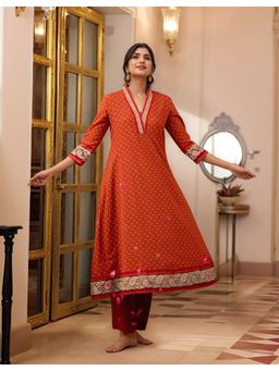 Gahan - Womens Viscose Rayon Anarkali Polka Dots with Pant - Orange