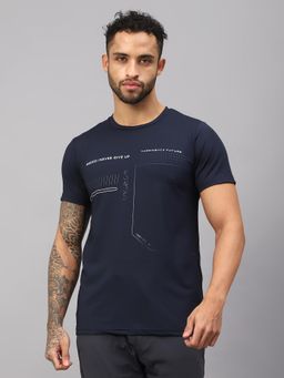 Vector X - Men Navy Blue Printed Round Neck Polyester Half Sleeves T-Shirt